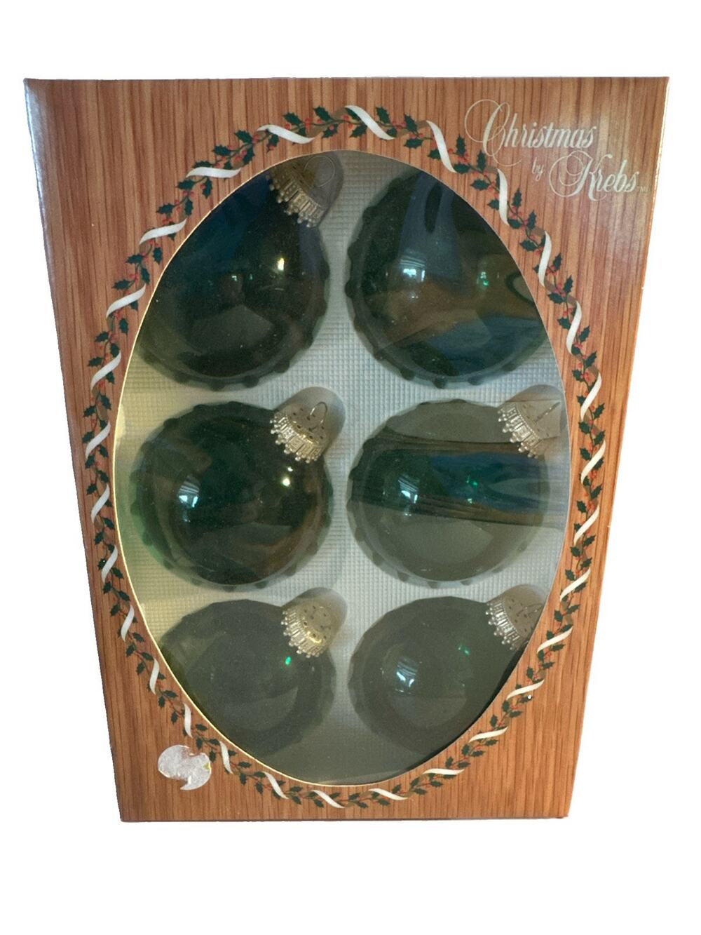Vintage “Christmas by Krebs” Set of 6 Crystal Green Ornaments Made in USA!
